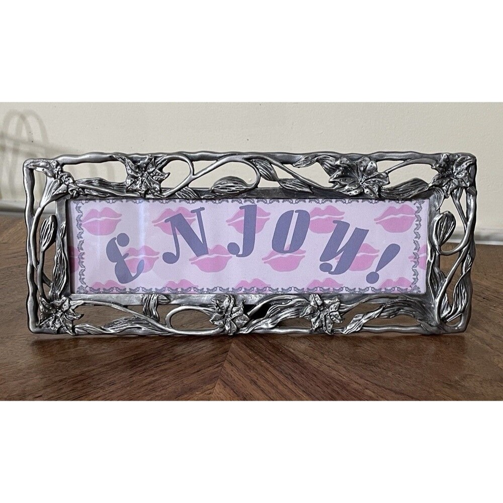 Vintage Pewter Lilies Panoramic Photo Picture Frame 10x3 Made In Taiwan Boho